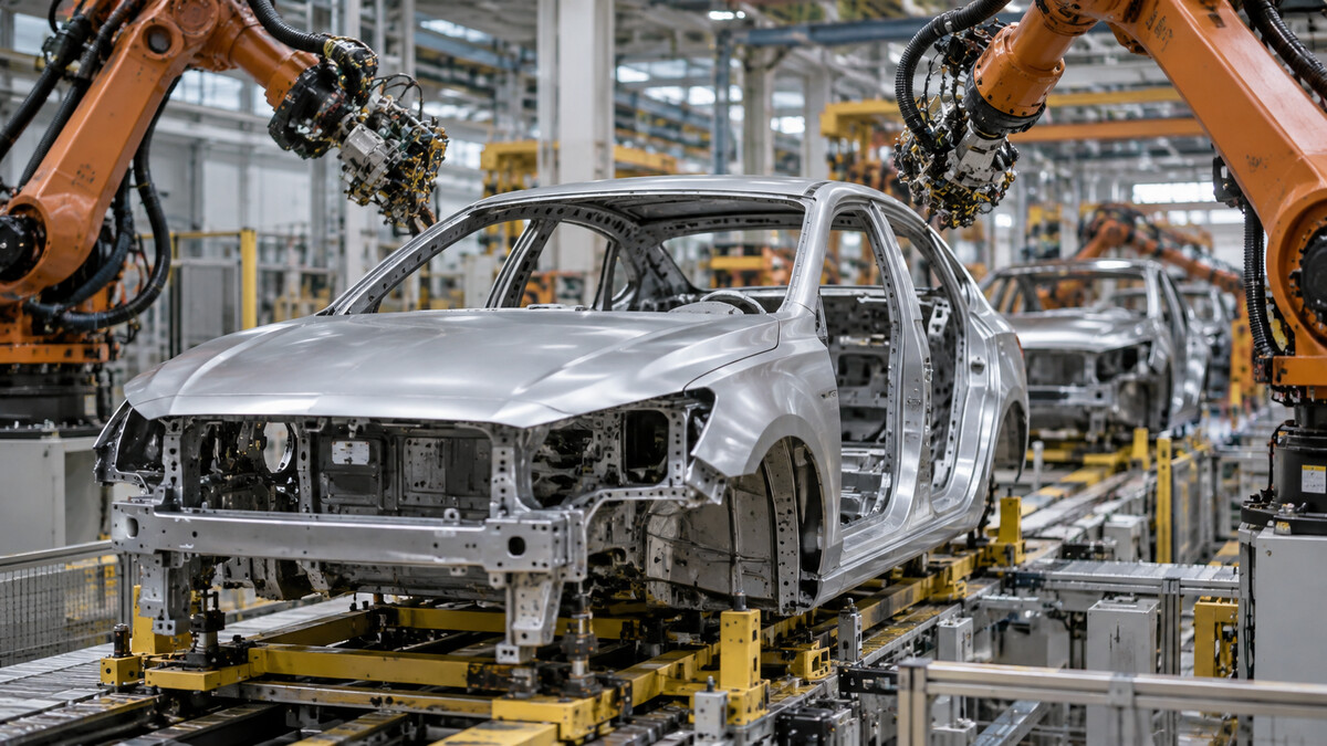 Unbranded sedan body on an automotive assembly line with robot equipment in a factory hall