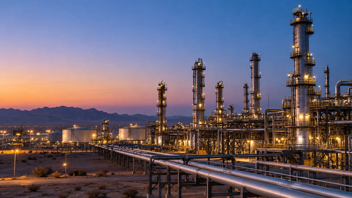 Petrochemical refinery columns and connecting pipework in a desert landscape at blue hour