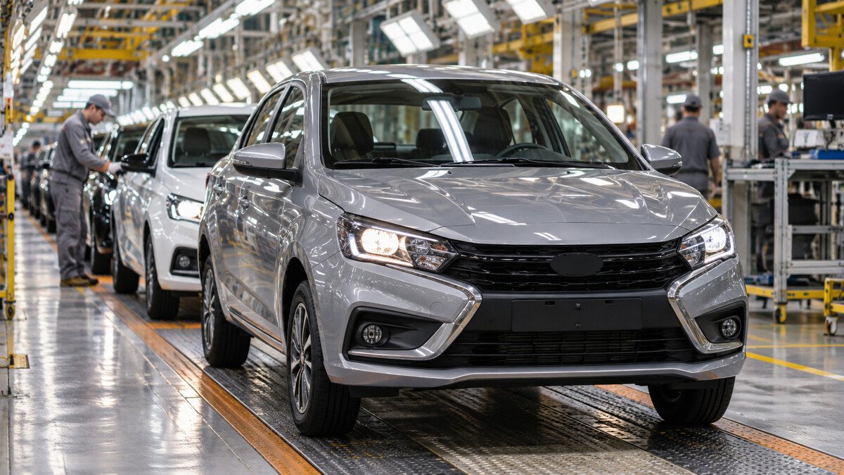 Compact unbranded passenger car moving along a modern final assembly line