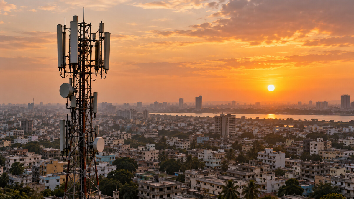 Mobile telecommunications tower above an Indian city with densely packed buildings at sunset