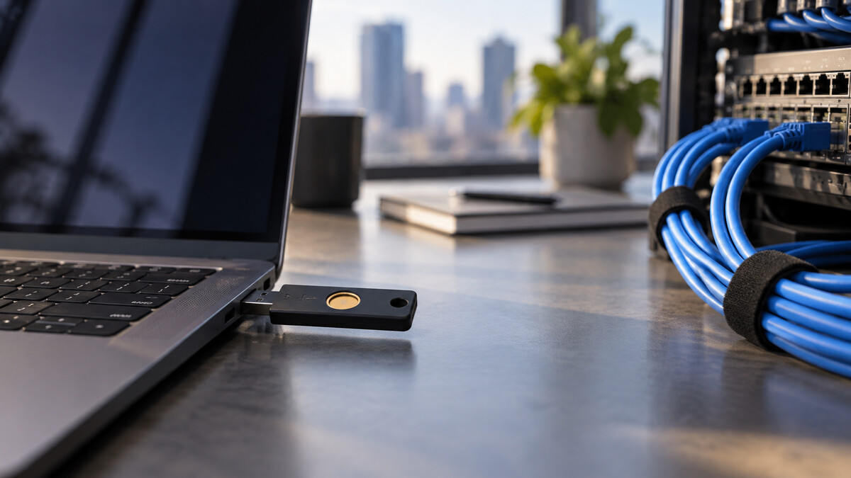 A hardware security key connected to a laptop beside neatly organized network cables in a technology workspace