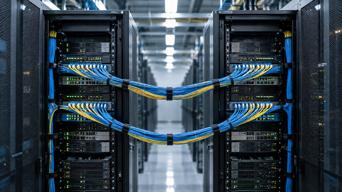 Two secure server cabinets linked by neatly organized fiber optic cables inside a financial technology data center