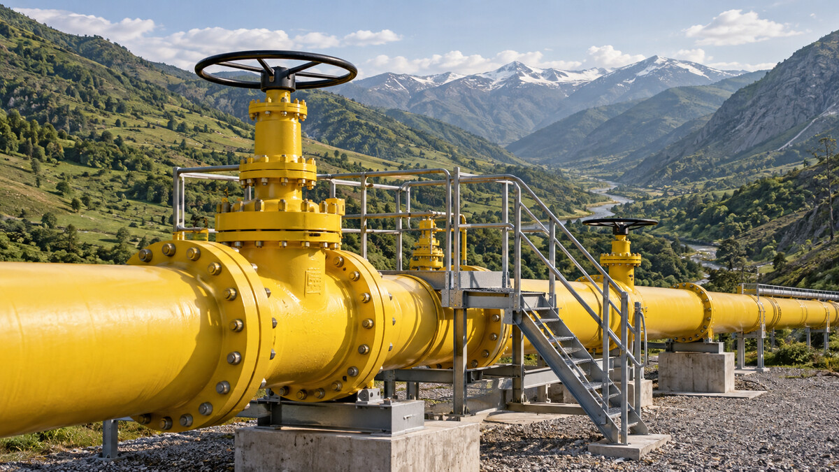 Large yellow gas pipeline and shut-off valves crossing a green mountainous valley