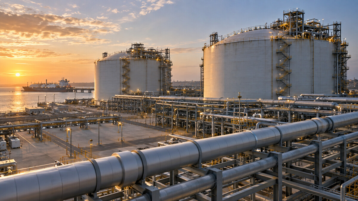 Large LNG storage tanks and insulated pipe racks at a coastal gas liquefaction terminal