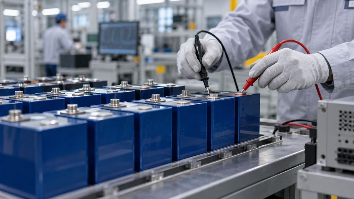 Unbranded electric vehicle battery cells neatly arranged on an industrial testing bench with insulated probes
