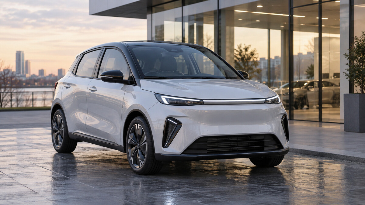 Compact unbranded electric hatchback parked outside a modern showroom