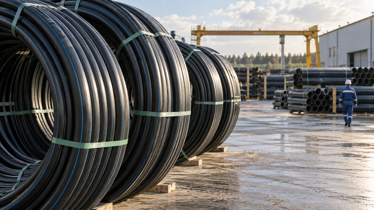 Large coils of reinforced black polymer pipe in an industrial pipe factory yard