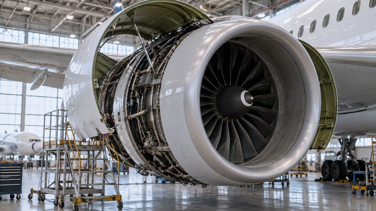 Unbranded widebody jet engine with open maintenance cowling in a large aircraft hangar