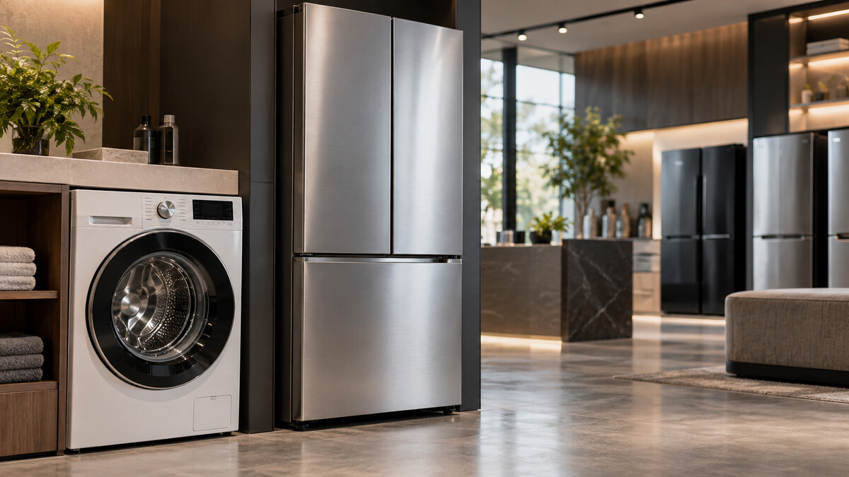 Premium unbranded washing machine and refrigerator in a tasteful appliance showroom