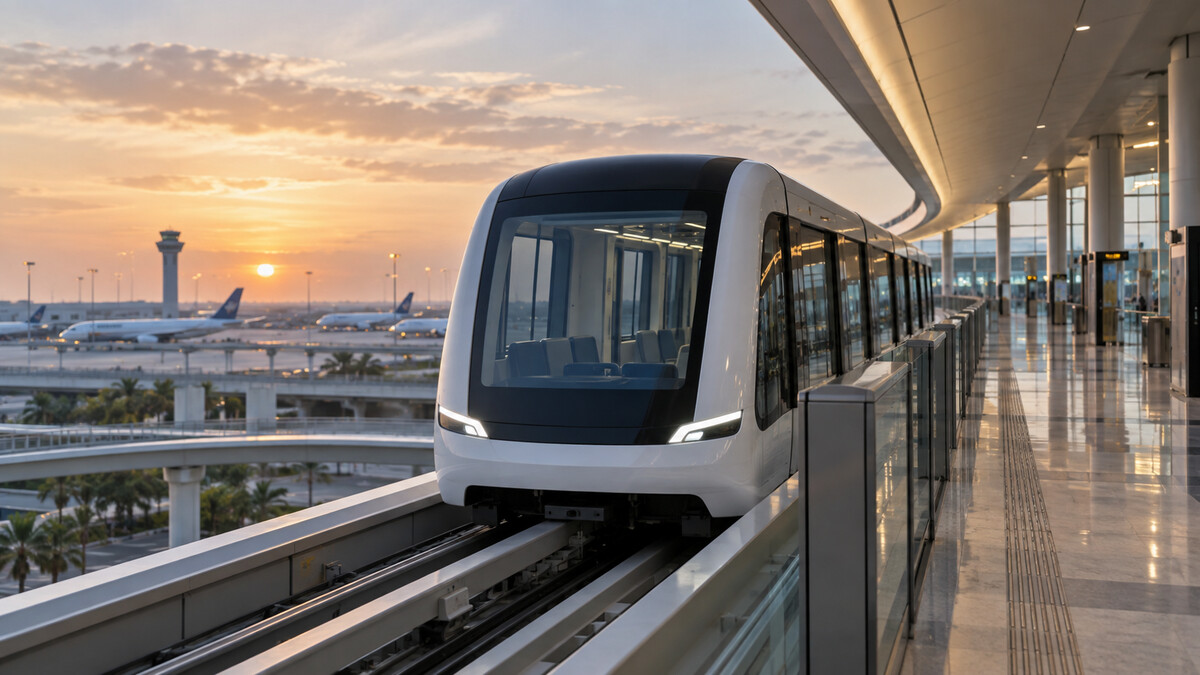 Driverless airport shuttle train at a modern elevated terminal platform
