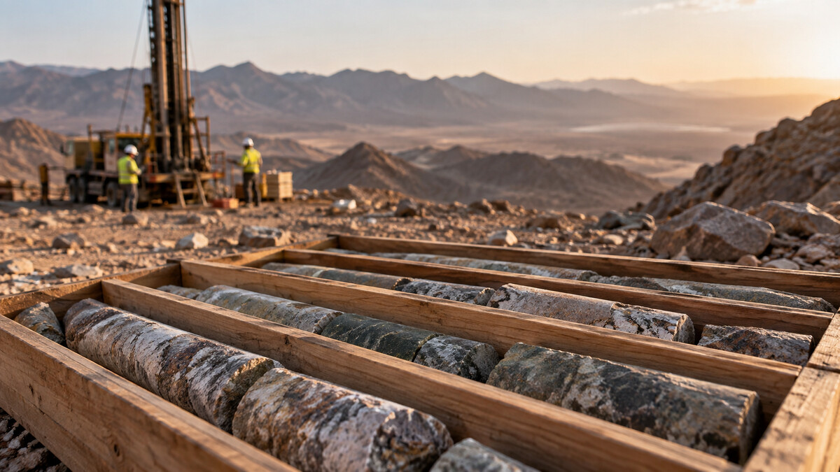 Geological drill core samples in wooden core boxes on a rocky arid exploration site