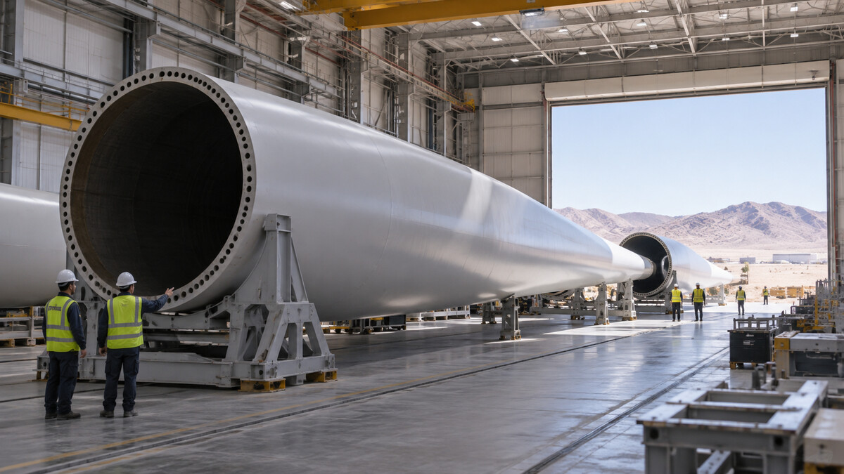 Wind turbine tower sections inside a manufacturing hangar