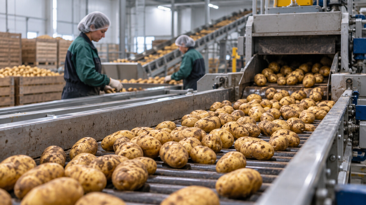 Potatoes moving along an industrial sorting conveyor inside a climate controlled agricultural warehouse