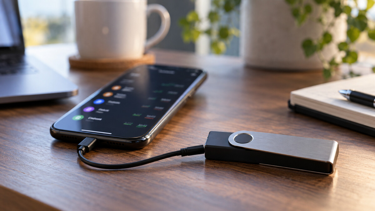 Hardware cryptocurrency wallet connected to a smartphone on a home desk