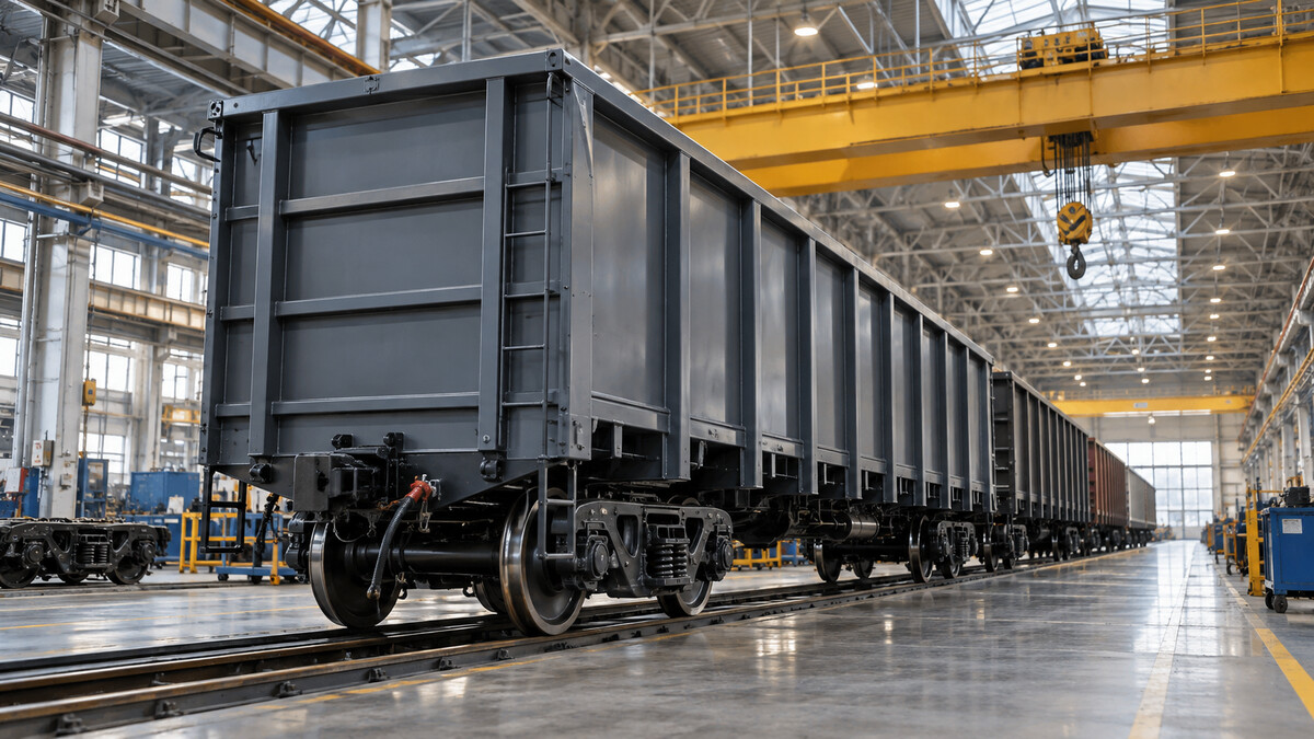 New freight railway wagon in a railcar assembly hall with overhead crane