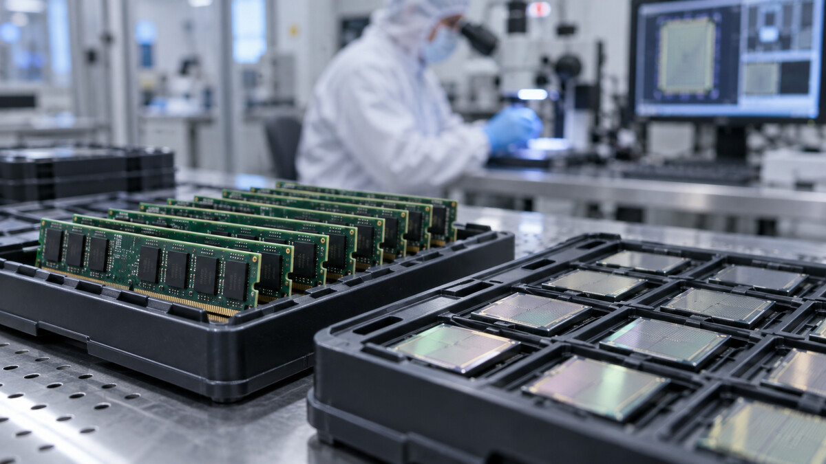 Memory modules and silicon dies in antistatic trays inside a semiconductor testing laboratory