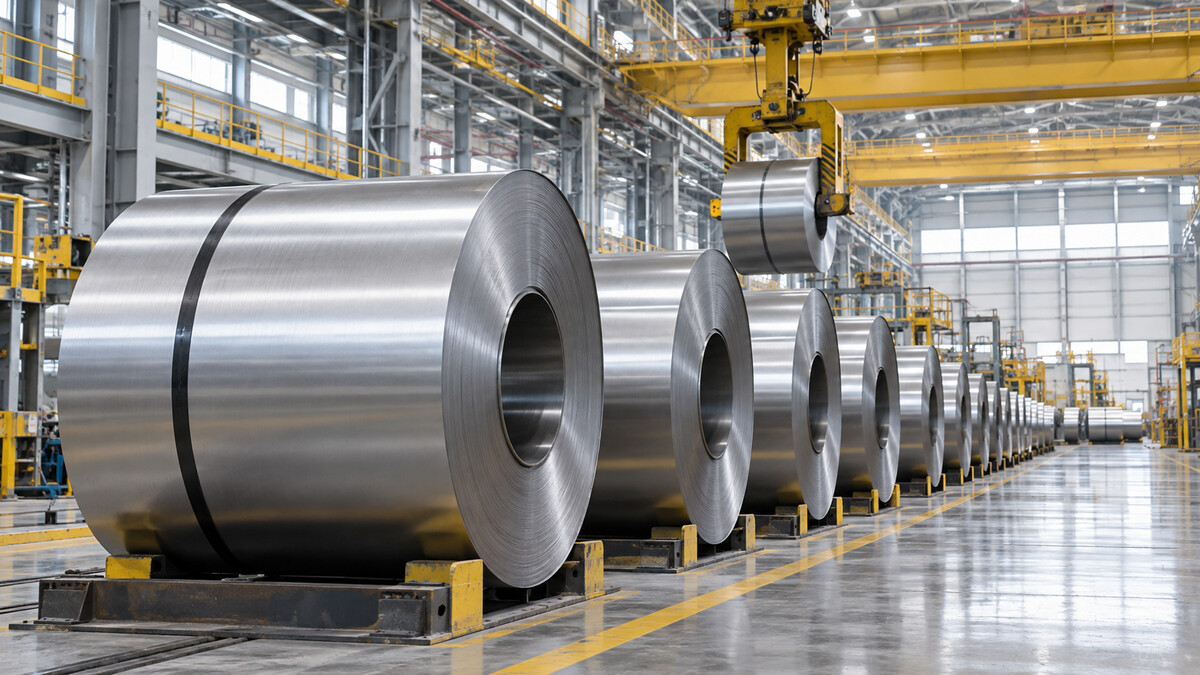 Coils of stainless steel aligned inside a bright rolling mill with overhead lifting equipment