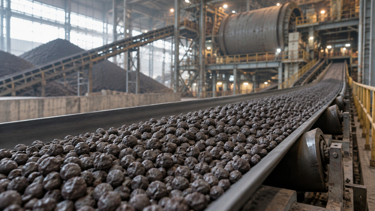 Iron ore pellets on an industrial conveyor with a large processing hall in the background