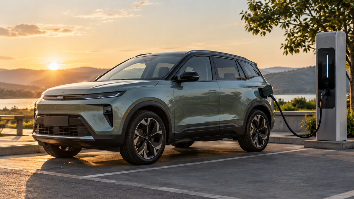 An unbranded electric SUV connected to a fast charging cable at an outdoor charging station