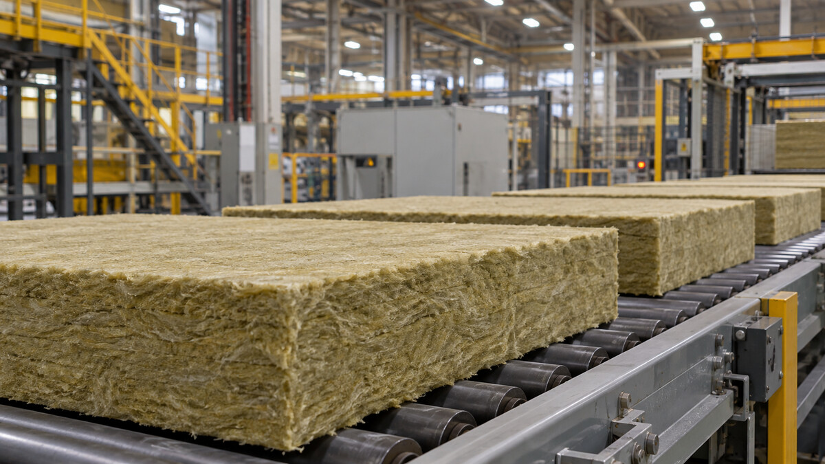 Thick slabs of stone wool insulation on a factory conveyor with industrial production hall behind