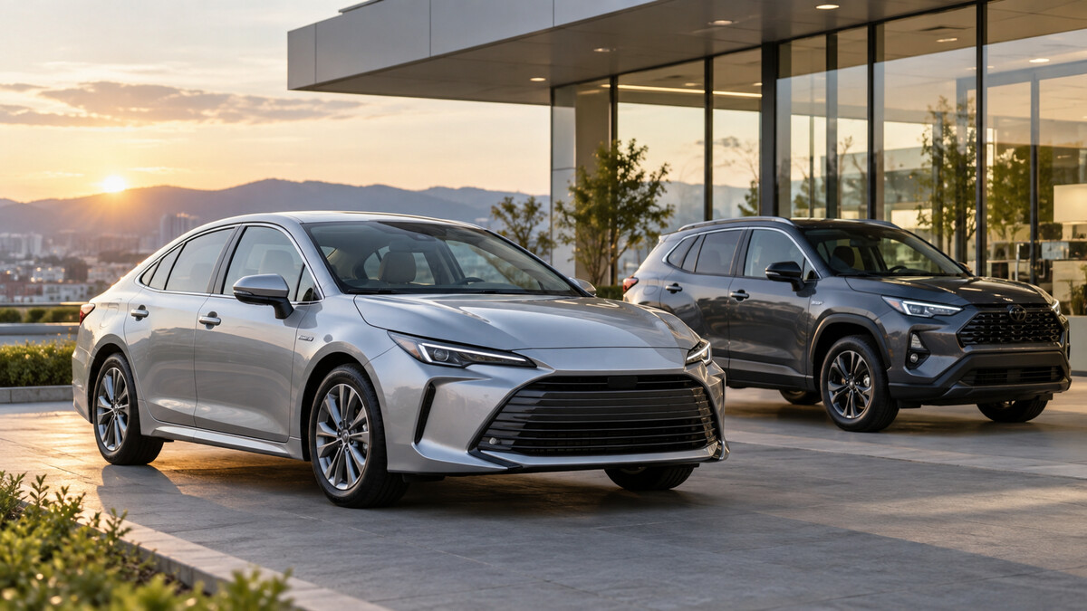 Unbranded hybrid-style sedan and compact SUV parked on a modern dealership forecourt