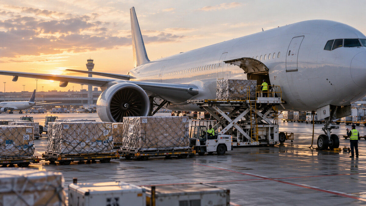 Unbranded widebody passenger aircraft at a busy airport cargo apron with freight containers beside it