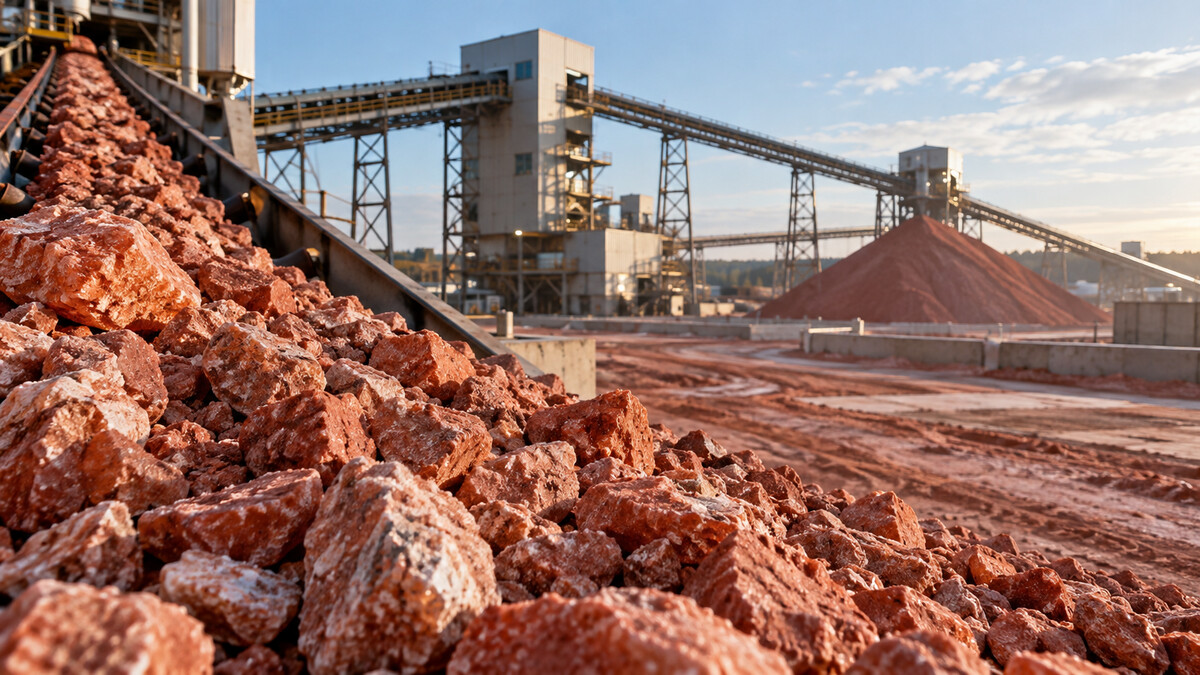 Potash mineral processing facility with conveyor belts and reddish mineral ore in the foreground