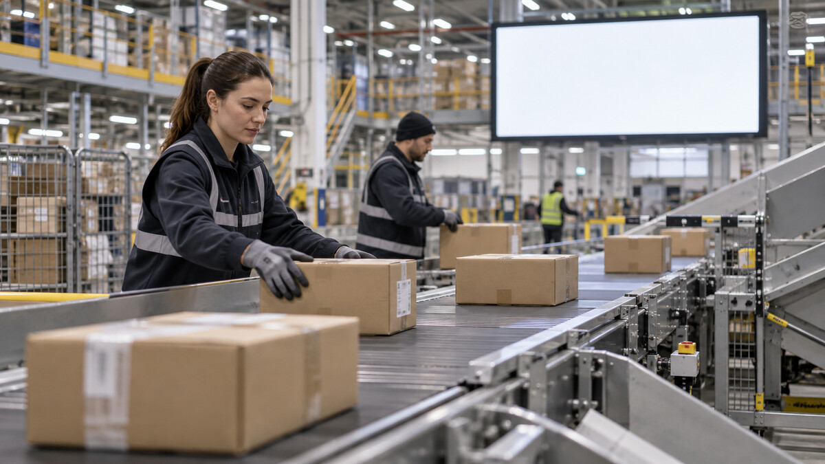Parcel sorting conveyor inside a modern ecommerce fulfillment warehouse with a blank advertising display in the background