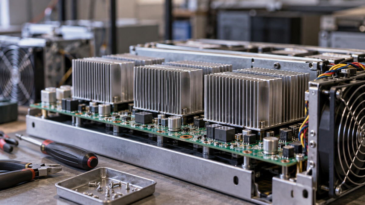 Close-up of an ASIC mining circuit board with cooling heatsinks on a maintenance workbench