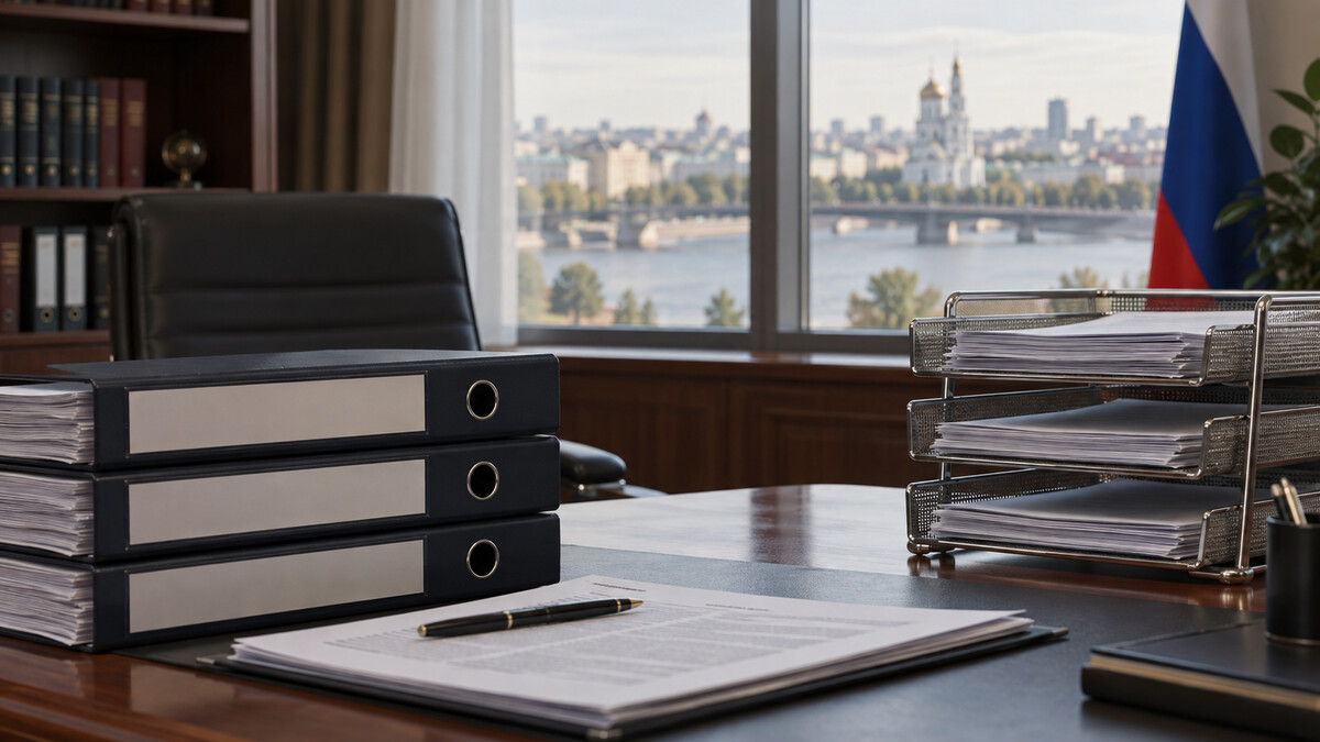 Bank regulatory folders and a carefully aligned stack of metal document trays in a formal office