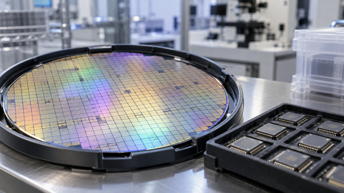 Silicon wafer and packaged microchips on a laboratory workbench