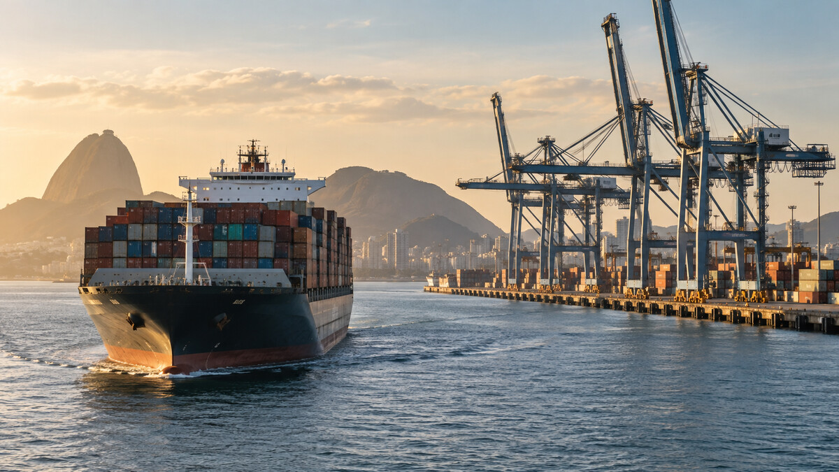 Container vessel approaching a South Atlantic cargo port with gantry cranes in warm daylight