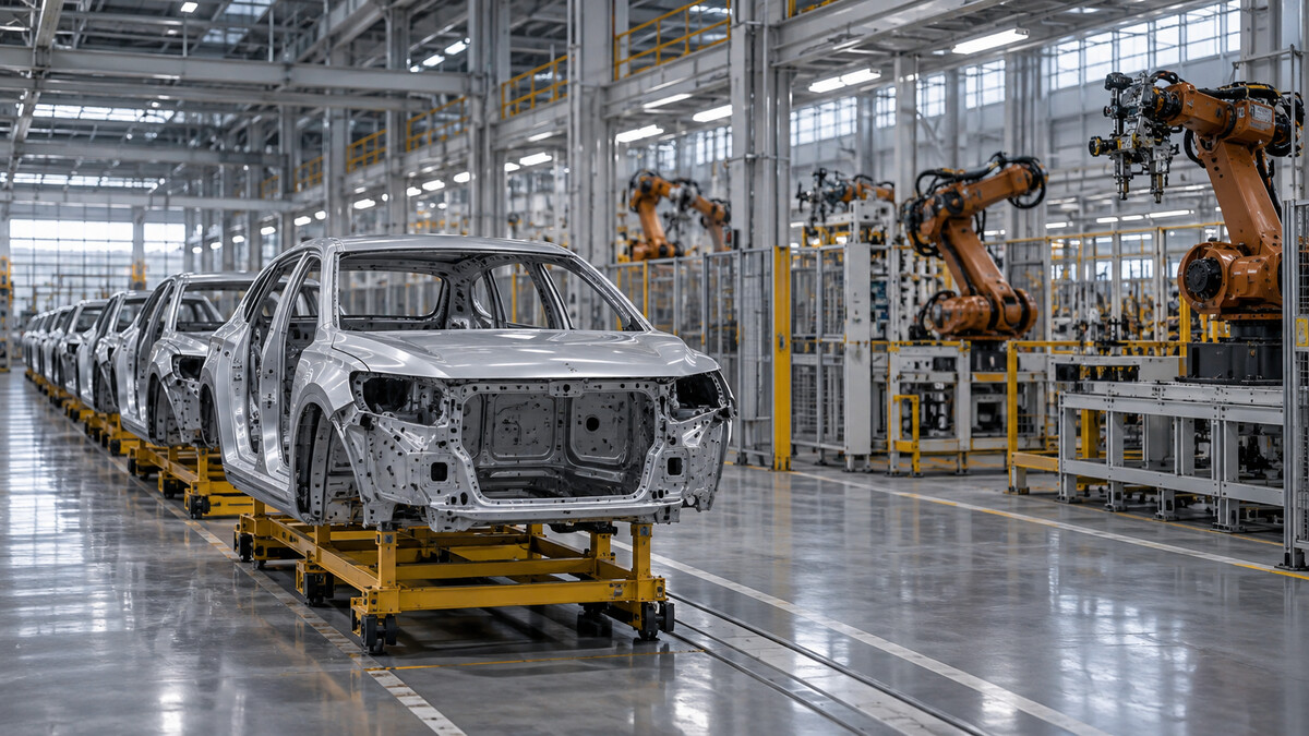 Quiet automotive production hall with parked unbranded car bodies and idle robotic assembly stations