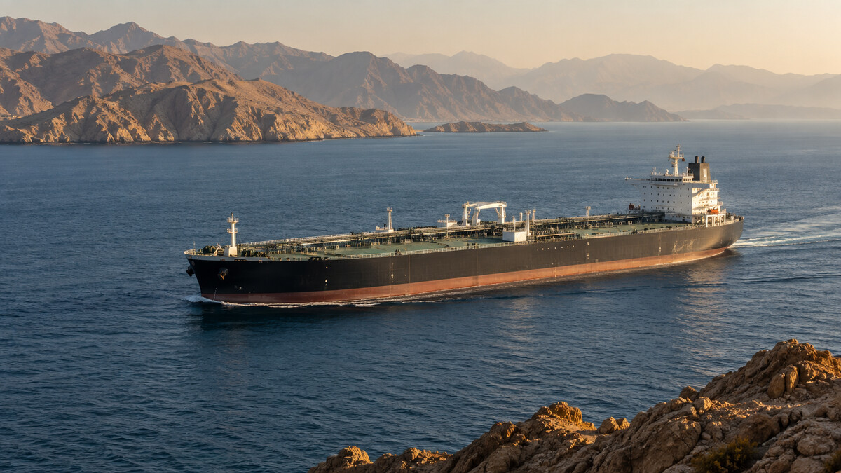 Oil tanker at sea near an arid mountainous coast
