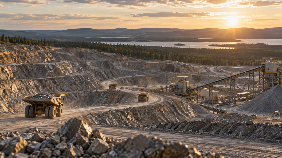 Terraced open pit gold mine with haul roads and ore processing conveyors