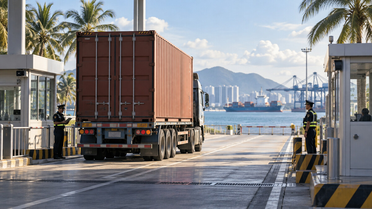 Truck cargo customs checkpoint near a subtropical island port with palm trees and inspection booths
