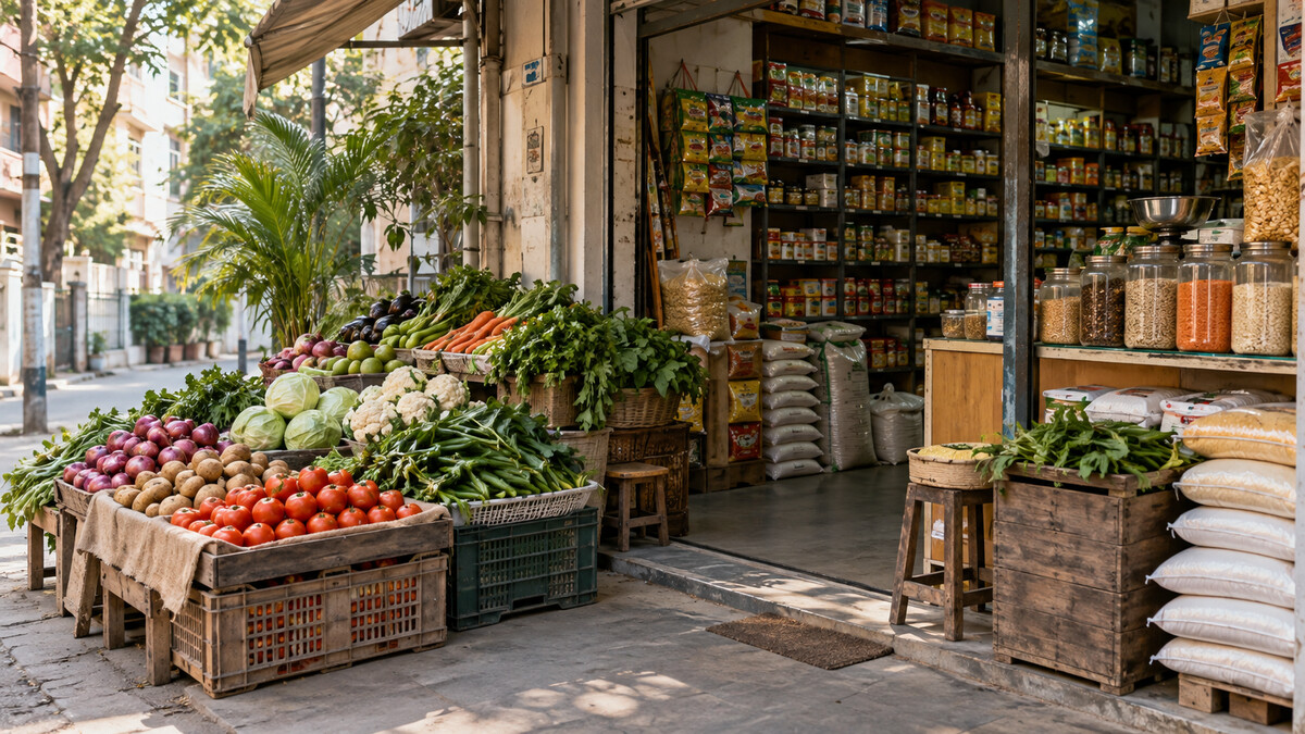 Neighbourhood grocery storefront in an Indian city with vegetables and household goods on display