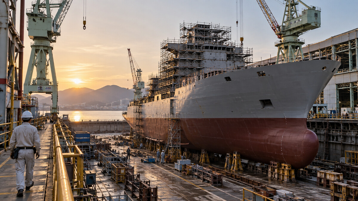 Japanese-style shipyard dry dock with a partly completed steel vessel and overhead cranes
