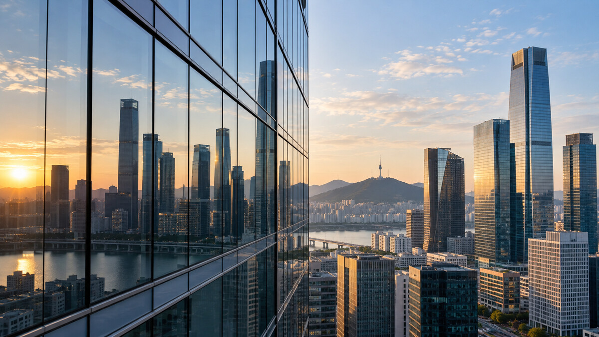 Modern Seoul financial district towers reflected in a glass office facade