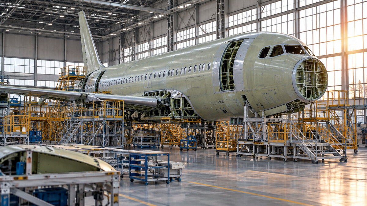 Unbranded passenger aircraft fuselage being assembled inside a spacious aviation factory hangar