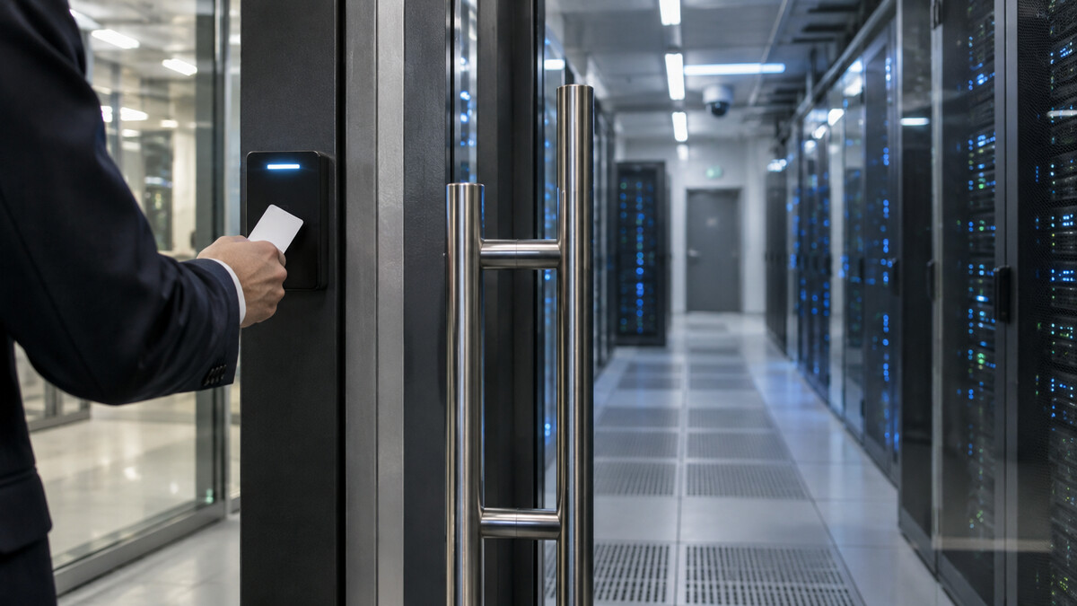Secure data center access gate with badge reader and server corridor behind glass