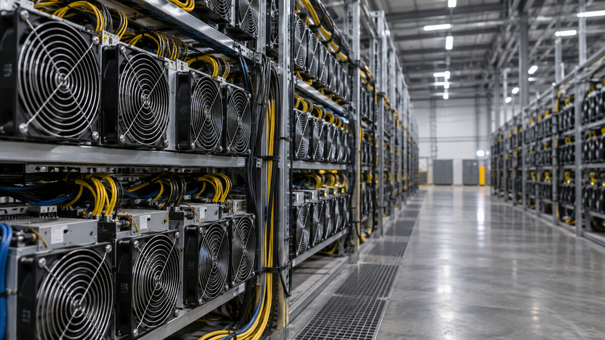 Long aisle of operating cryptocurrency mining rigs with cooling fans and organized power cables in an industrial hall