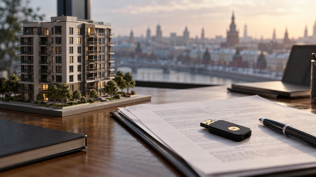 Small model apartment building beside property contracts and a hardware security key on a desk