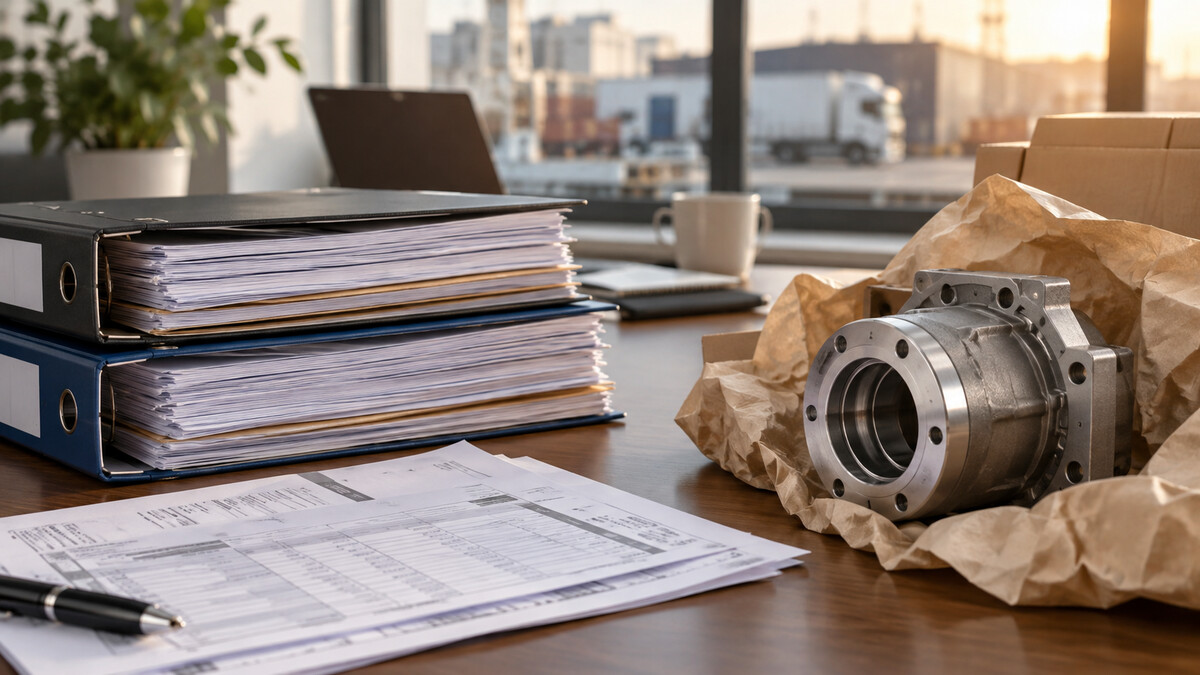 Invoice folders and delivery receipts beside a packaged industrial component on a business desk