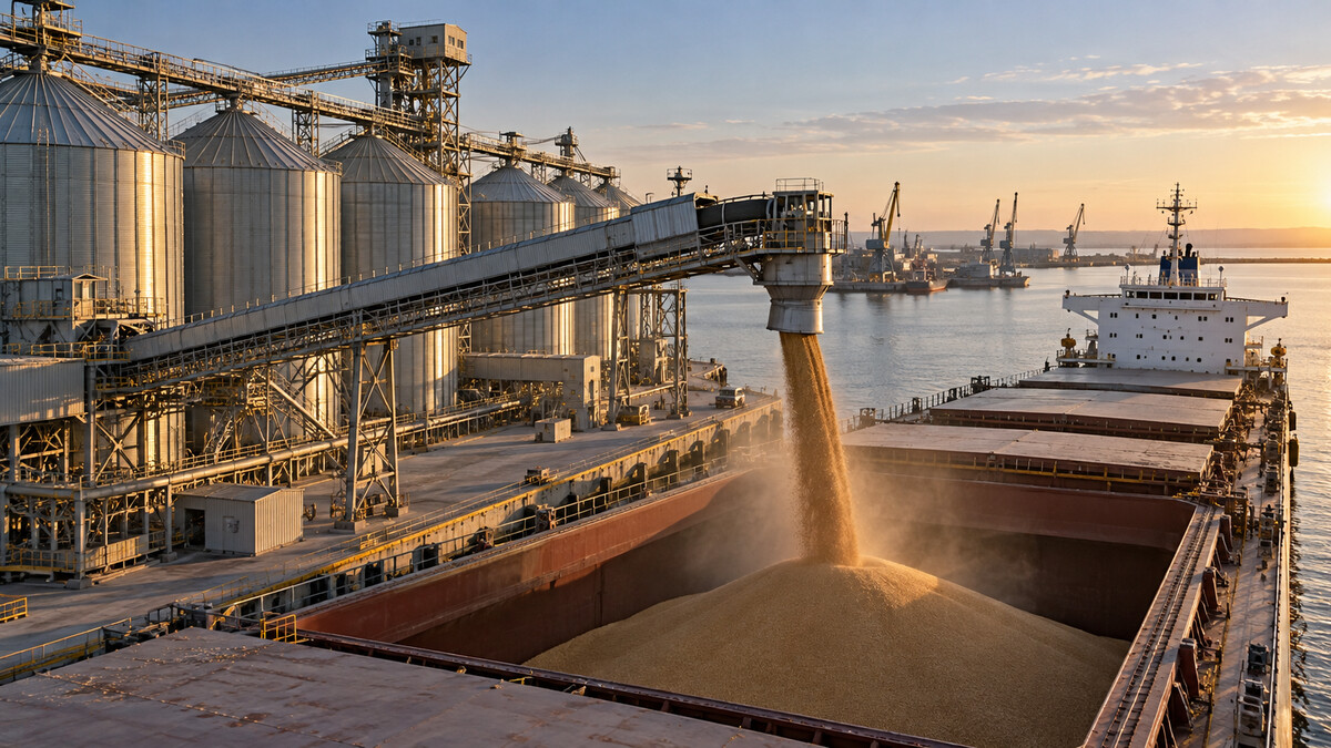 Grain terminal silos and a bulk carrier being loaded by a conveyor spout at a seaport