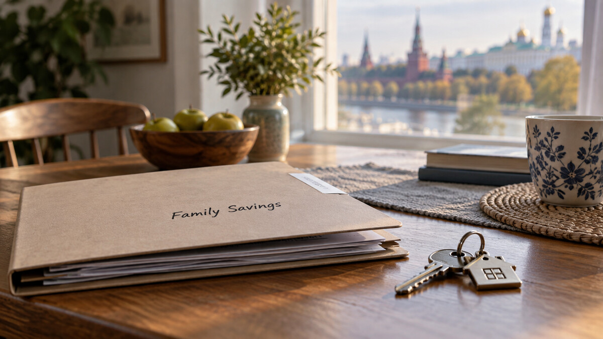 Family savings folder and house keys on a dining table by a window