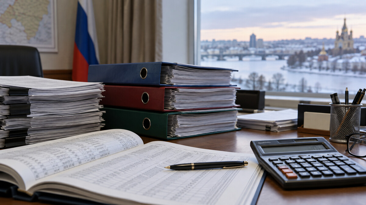Regional treasury ledgers and budget folders with a calculator on a municipal office desk