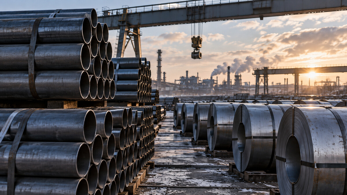 Stacks of steel pipes and rolled steel coils in a large metallurgical storage yard