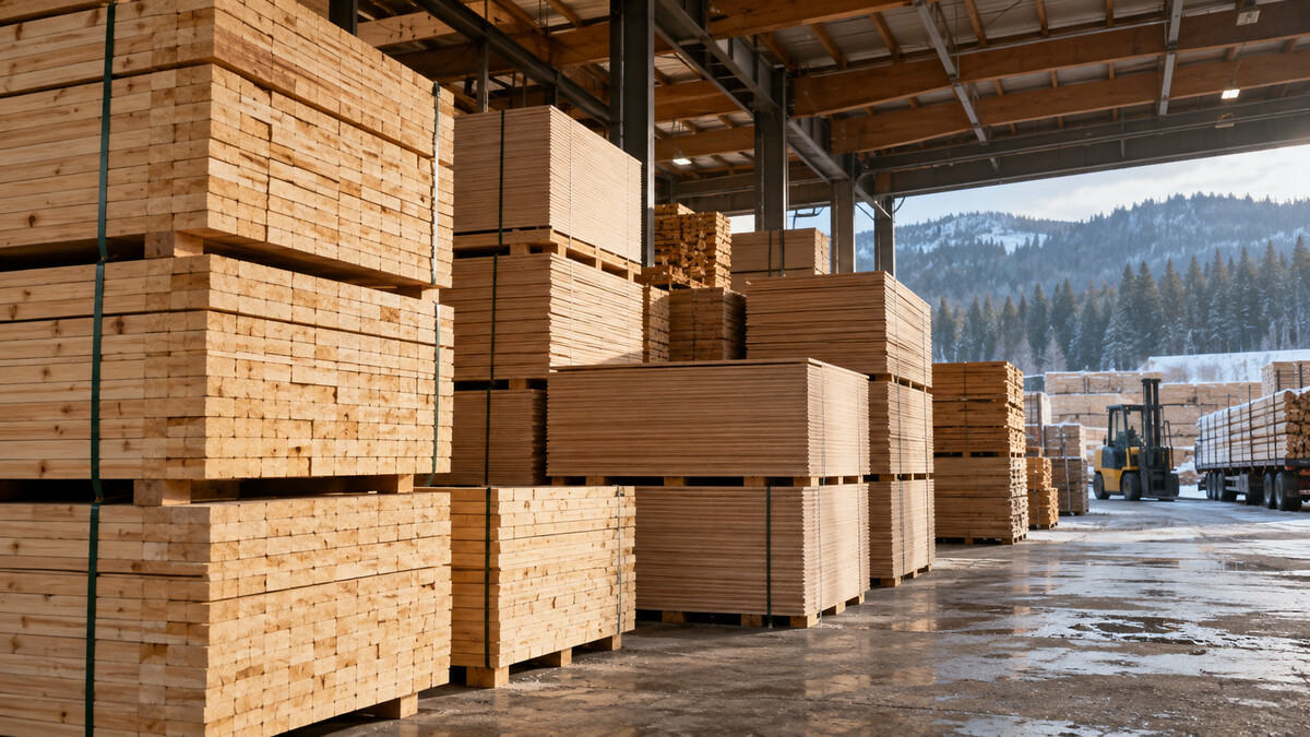 Sawn lumber and plywood stacked under a covered timber mill loading area