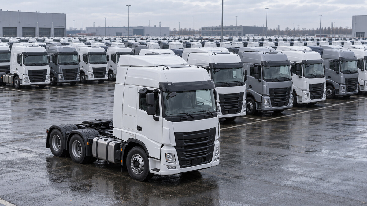 Rows of heavy tractor trucks parked in a storage yard